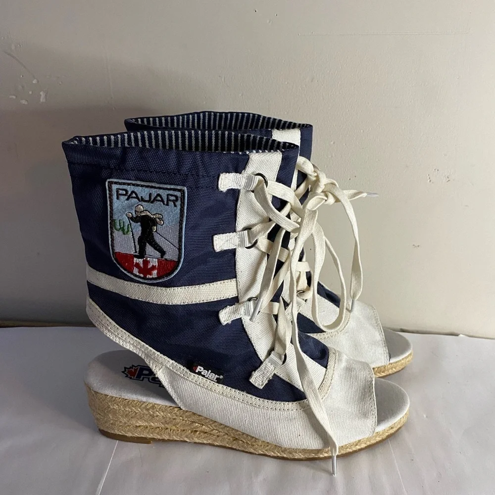 NWOT Pajar Nautical Navy Canvas Lace Up Espadrille Wedge Bootie Sandals 7